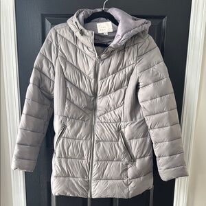 A New Day Gray Puffer Jacket with Hood and Chevron Quilting